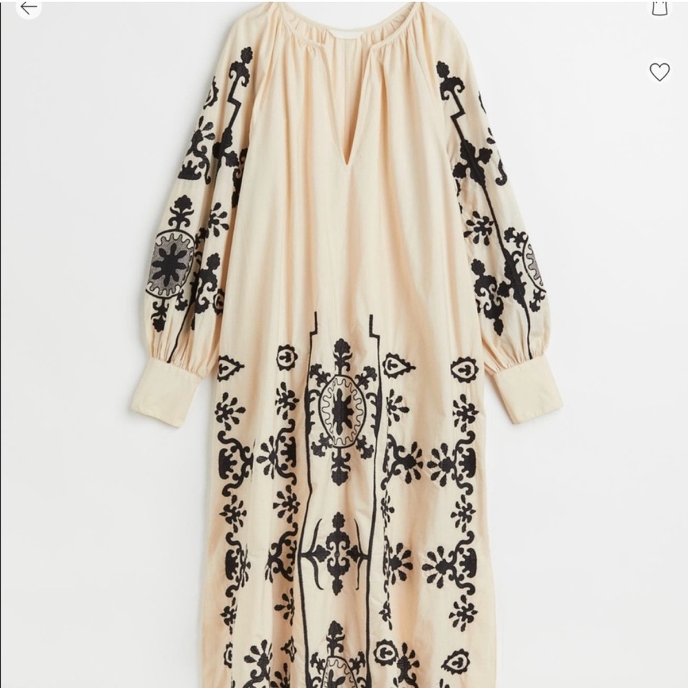NWT H&M Trend Oversized Embroidered Kaftan Boho Light Beige Cotton Dress Kaftan - Picture 3 of 10
